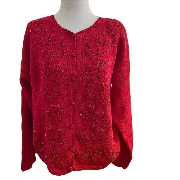 Vintage Red Beaded + Embroidered Knit Long Sleeve Cardigan Large Valentines Day - Picture 1 of 8